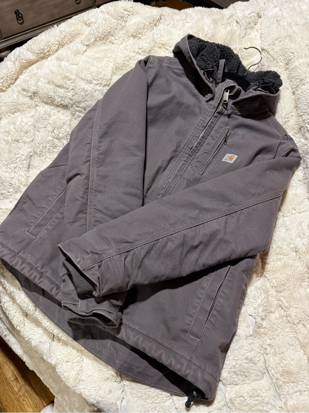 Carhartt woman’s Hooded Sherpa-Lined Jacket in grey
